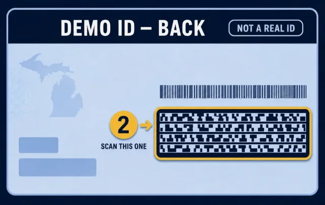 Illustration of the back of a sample Michigan ID, marked "not a real ID". The wide PDF417 barcode, second from the top, is ringed in gold and labelled "scan this one".