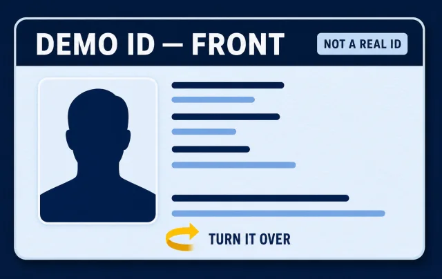 Illustration of the front of a sample Michigan ID, marked "not a real ID", with an arrow indicating to turn the card over.