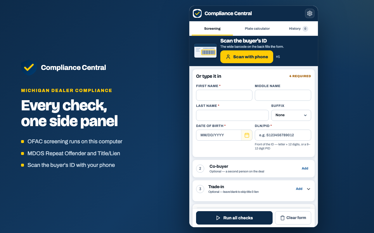The screening workspace: scan the buyer's ID or type it in, then run every check