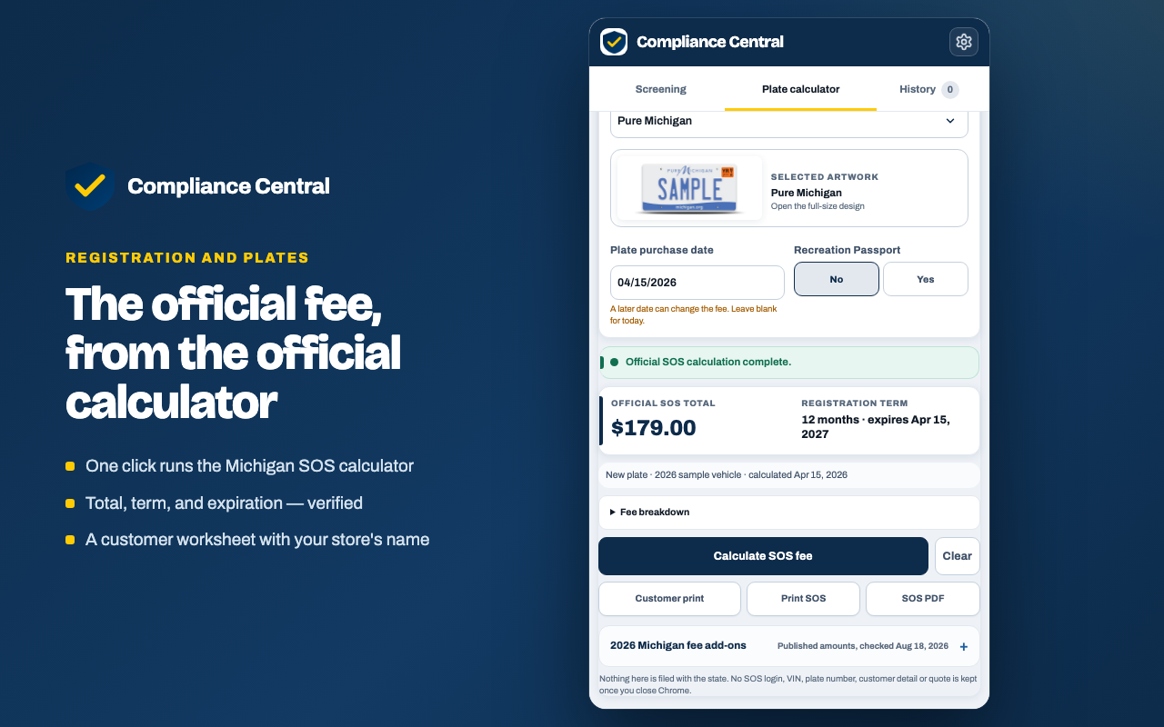 A sample plate fee calculation showing the total, registration term, and print controls