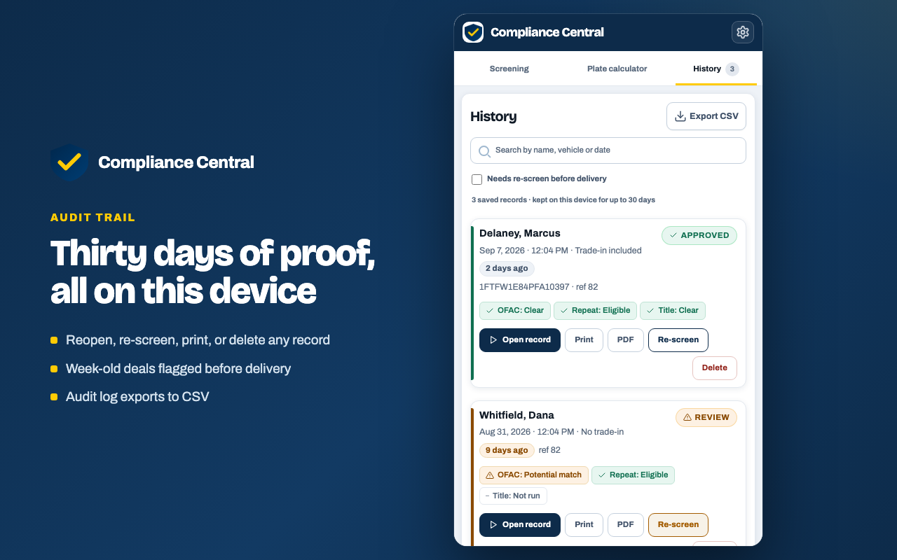 The History tab with saved compliance records, re-screen flags, and CSV export