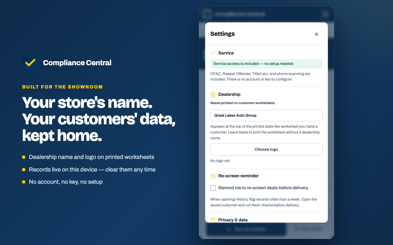 Settings with the dealership name, re-screen reminder, and privacy controls